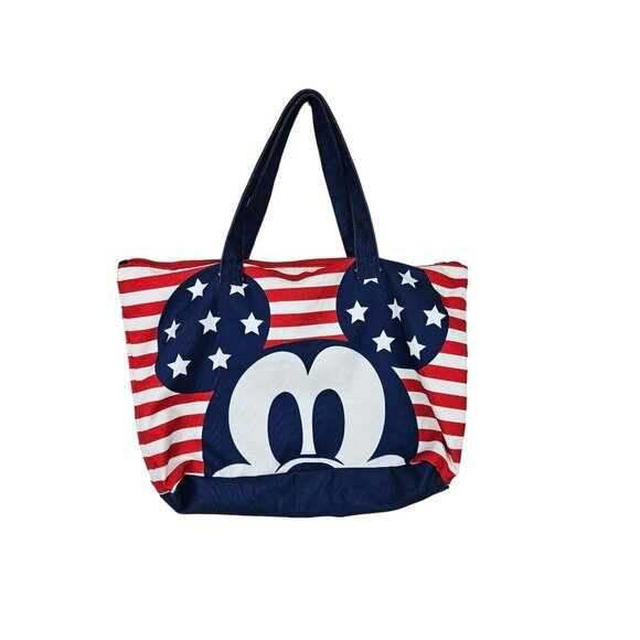Disney Parks Mickey Mouse Tote Bag Stars and Stripes Zip Top Double Handle Red - Picture 1 of 6
